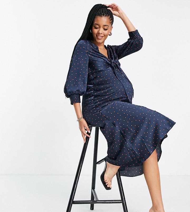 Asos Design Maternity Satin Tie Front Midi Dress With Button Detail In Micro Spot-multi
