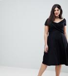 Asos Curve Bardot Midi Skater Dress With Ruched Front - Black