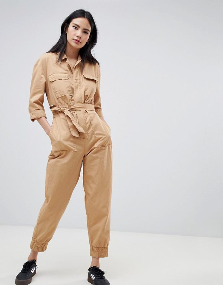 Bershka Pocket Front Boiler Suit - Beige