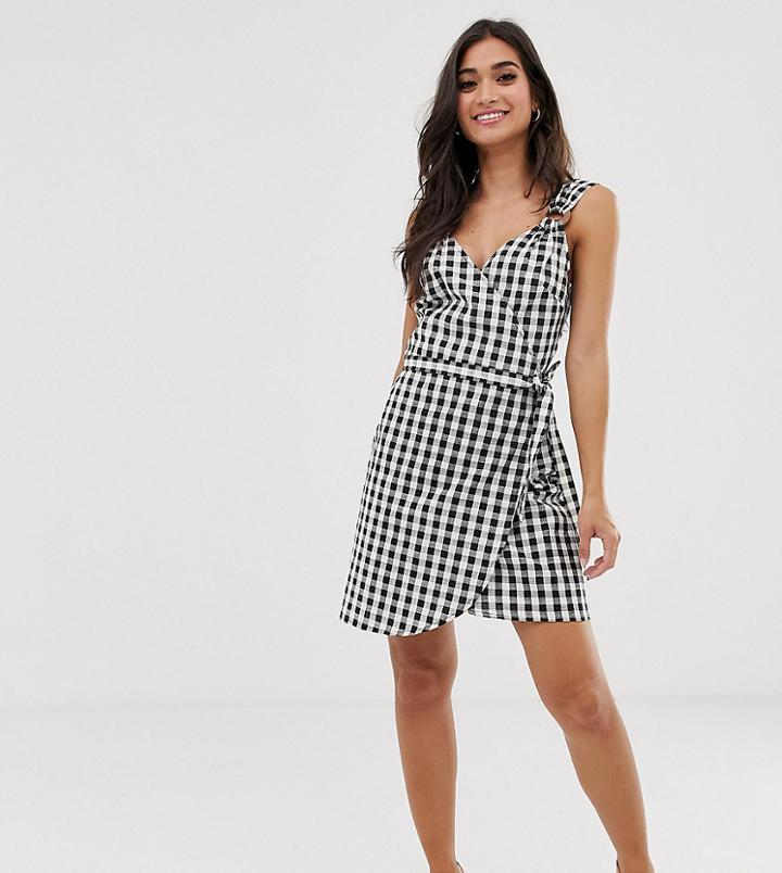 Asos Design Petite Linen Wrap Mini Sundress With Wooden Rings In Mono Gingham - Multi