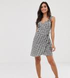Asos Design Petite Linen Wrap Mini Sundress With Wooden Rings In Mono Gingham - Multi