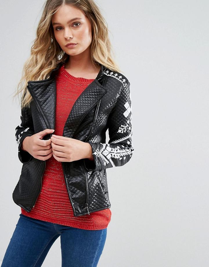 Pussycat London Contrast Print Biker Jacket - Black