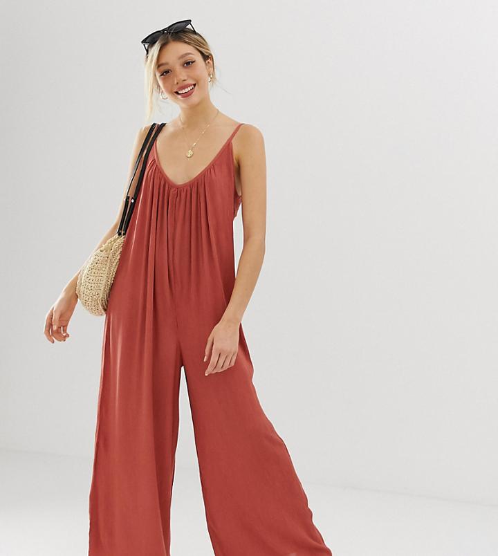 Asos Design Petite Low Back Jumpsuit In Crinkle-brown