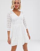 Parisian Wrap Front White Dress In Broderie Anglaise - White