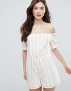 Parisian Stripe Off Shoulder Romper - White