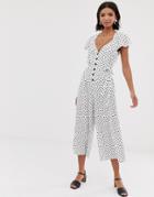 Asos Design Flutter Sleeve Polka Dot Jumpsuit With Button Front-multi
