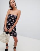 Asos Design Linen Bandeau Mini Sundress In Floral Print - Multi