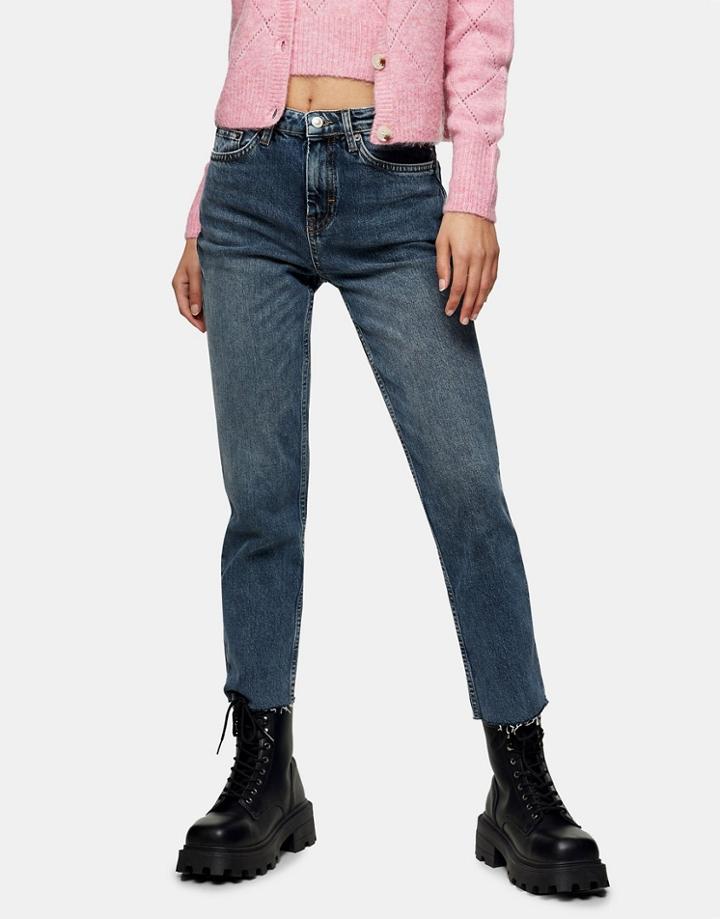 Topshop Raw Hem Straight Leg Jeans In Smoke Blue-blues