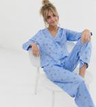 Asos Design Petite Exclusive Ditsy Star Print Pyjama Pants Set In 100% Modal - Blue