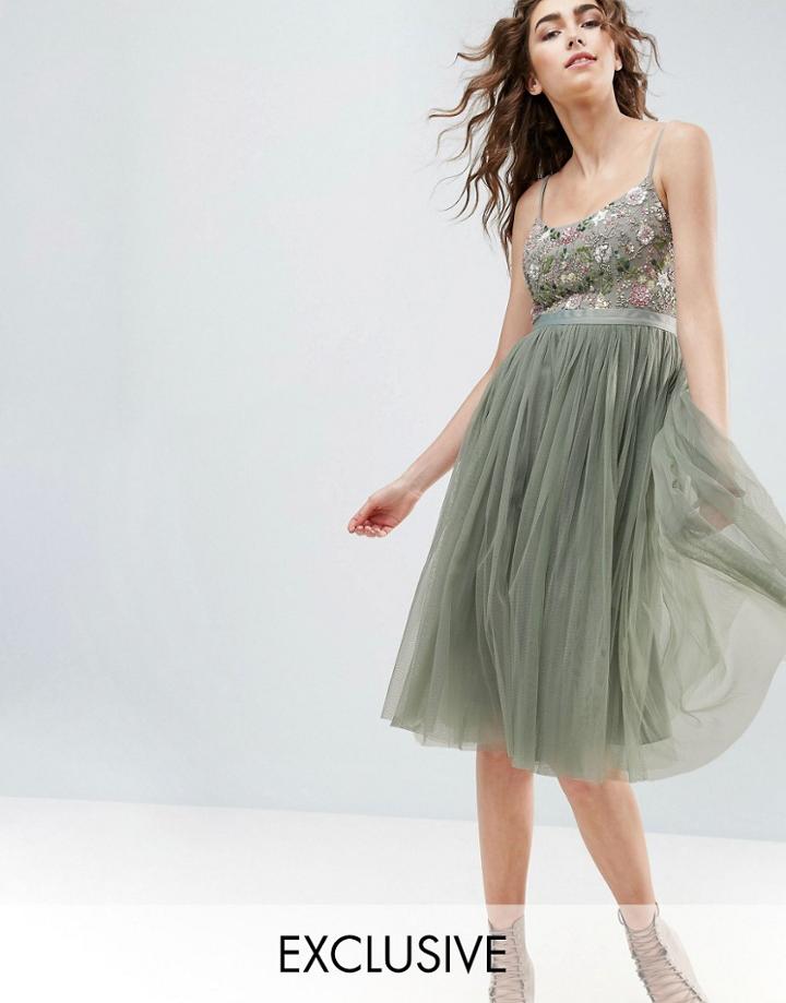 Needle And Thread Embroidered Bodice Midi Dress With Tulle Skirt - Green