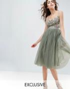 Needle And Thread Embroidered Bodice Midi Dress With Tulle Skirt - Green