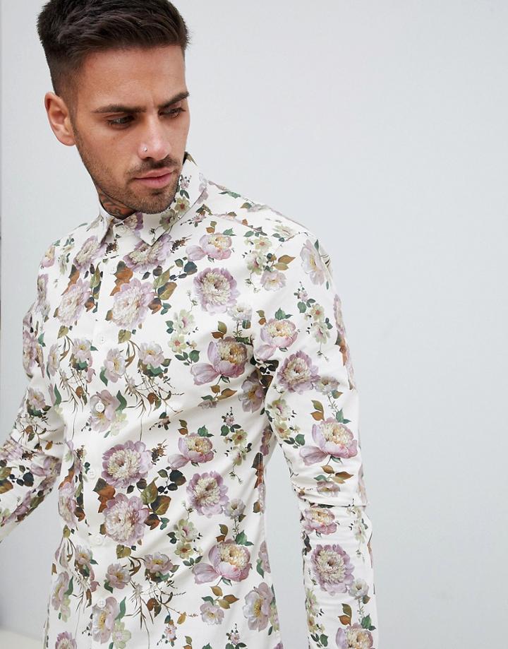 Asos Design Skinny Fit Ecru Floral Shirt - White