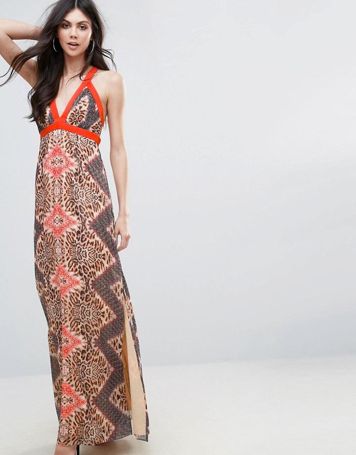 Little Mistress Strappy Maxi Dress In Animal Print - Red