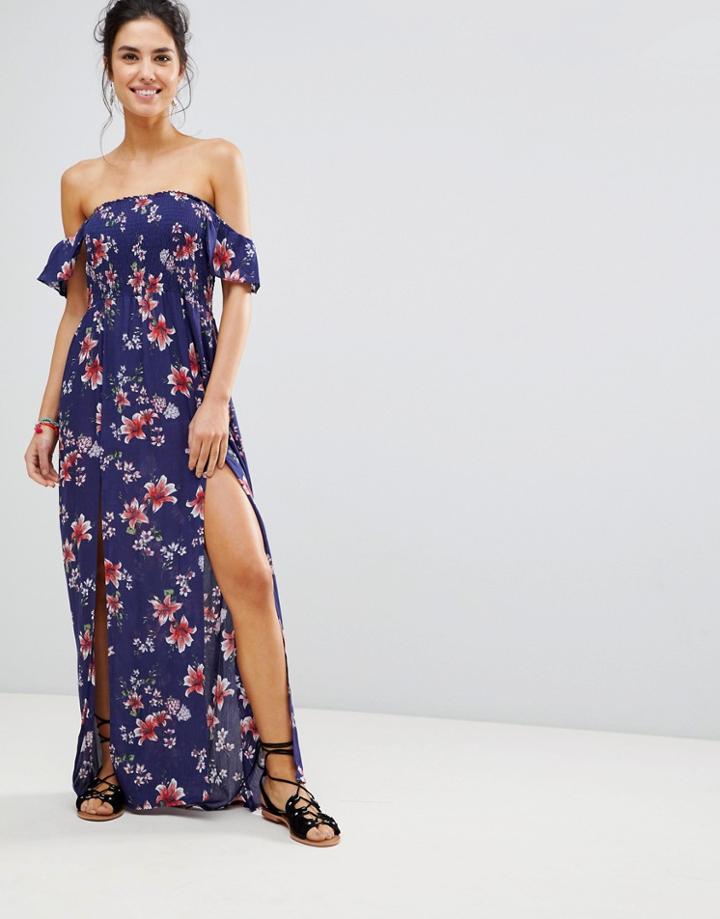 New Look Shirred Angel Sleeve Beach Maxi Dress - Navy