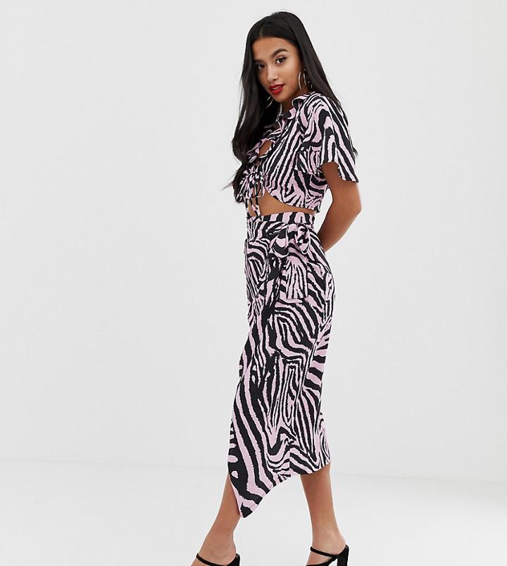 John Zack Petite Wrap Midi Skirt With Tie In Pink Zebra Print - Multi