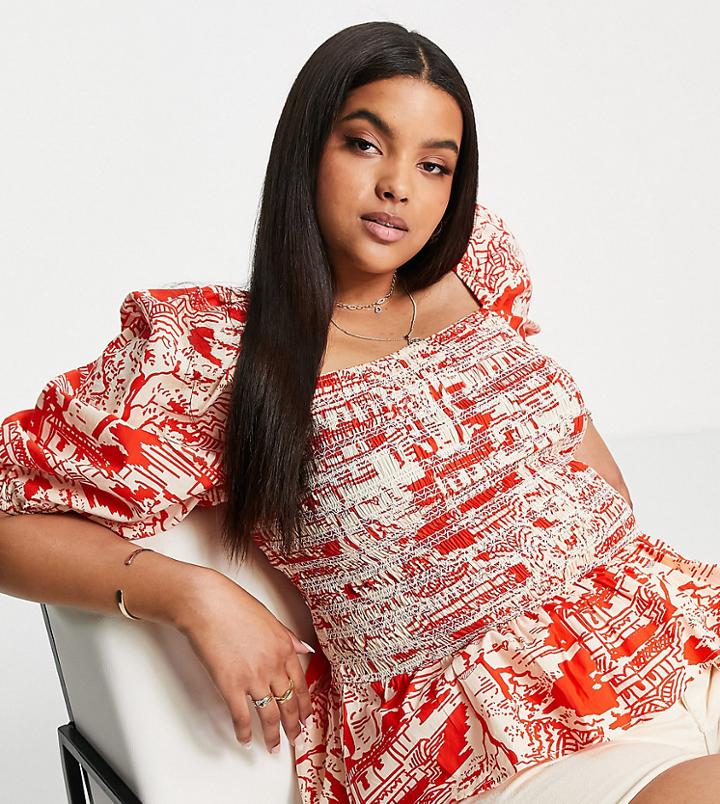 River Island Plus Shirred Puff Sleeve Print Blouse In Red