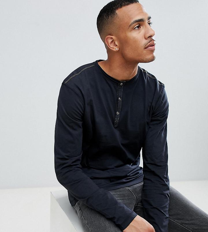 Replika Tall Long Sleeve Henley T-shirt In Black - Black