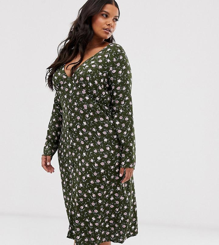 Wild Honey Plus Long Sleeve Midi Tea Dress In Vintage Floral-green