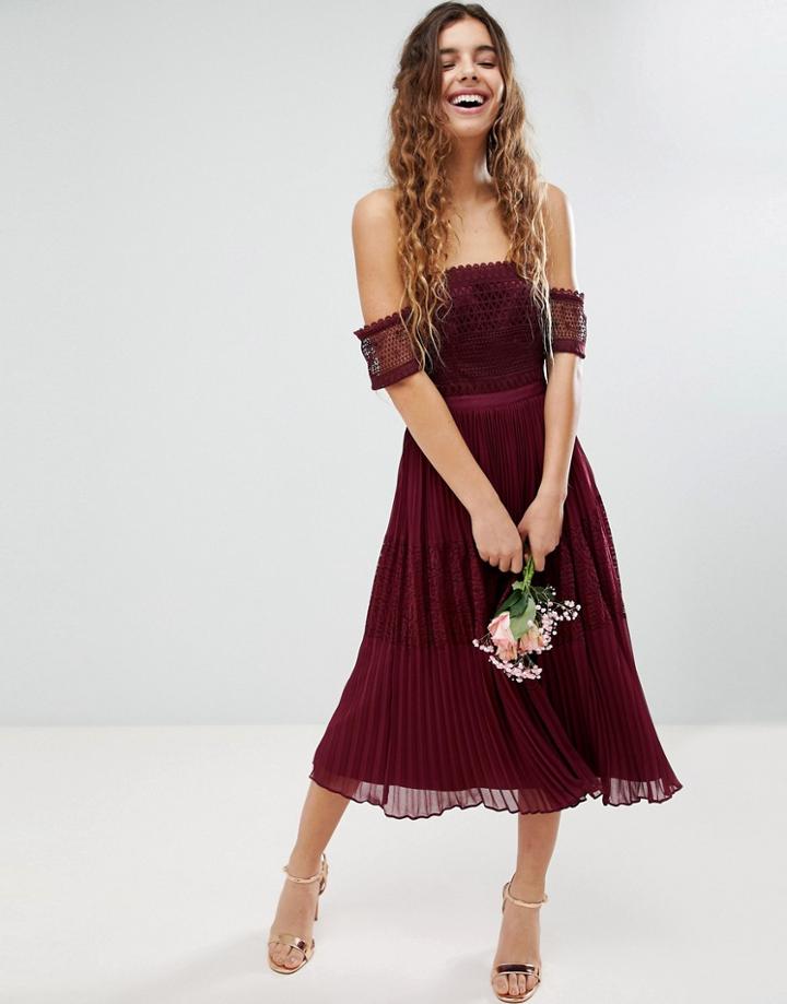 Asos Bridesmaid Premium Guipure Lace Paneled Midi Dress - Red