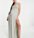 Little Mistress Maternity Embellished Yolk Pleated Maxi Dress In Sage Green