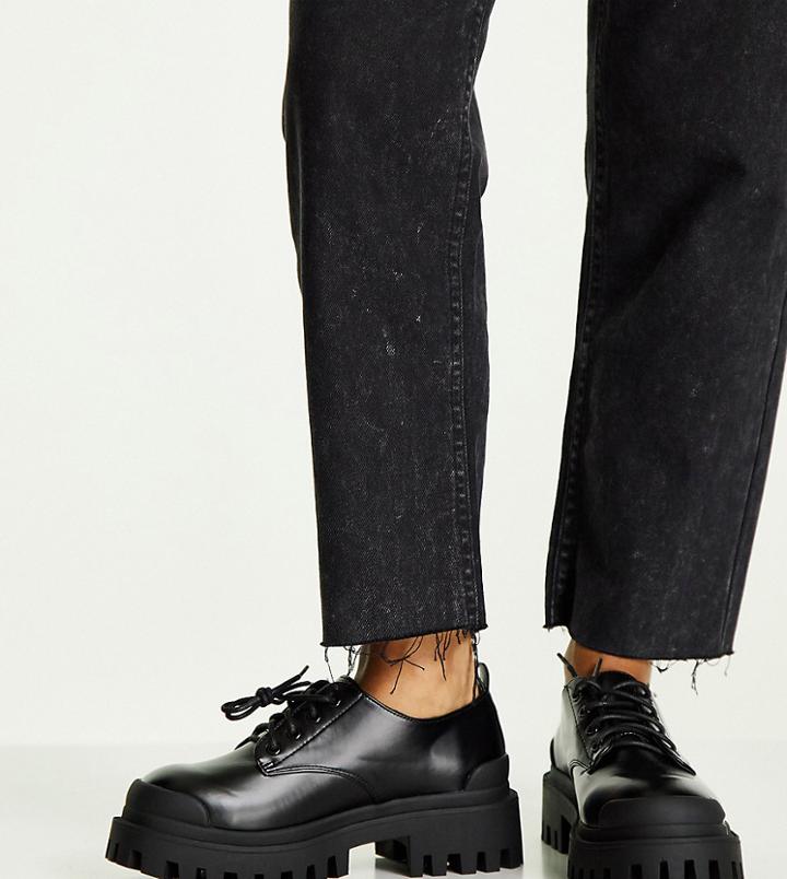 Asos Design Wide Fit Mayan Chunky Lace Up Flat Shoes In Black