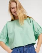 Weekday Cece Organic Cotton Cropped Balloon Sleeve Blouse In Sage Green