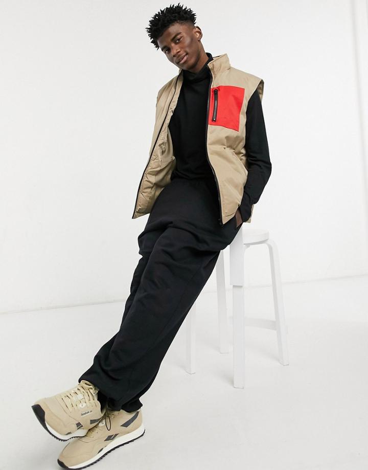 Asos Design Wadded Vest In Stone With Contrast Pocket-neutral