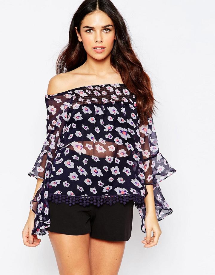 Ax Paris Boho Off Shoulder Top - Navy Multi Print