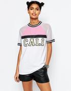 Asos T-shirt With Cali Badge And Sheer Sleeve - White