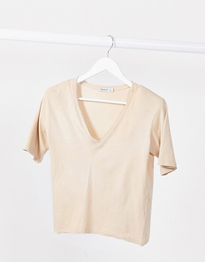 Stradivarius Padded Shoulder T-shirt In Stone Acid Wash-neutral