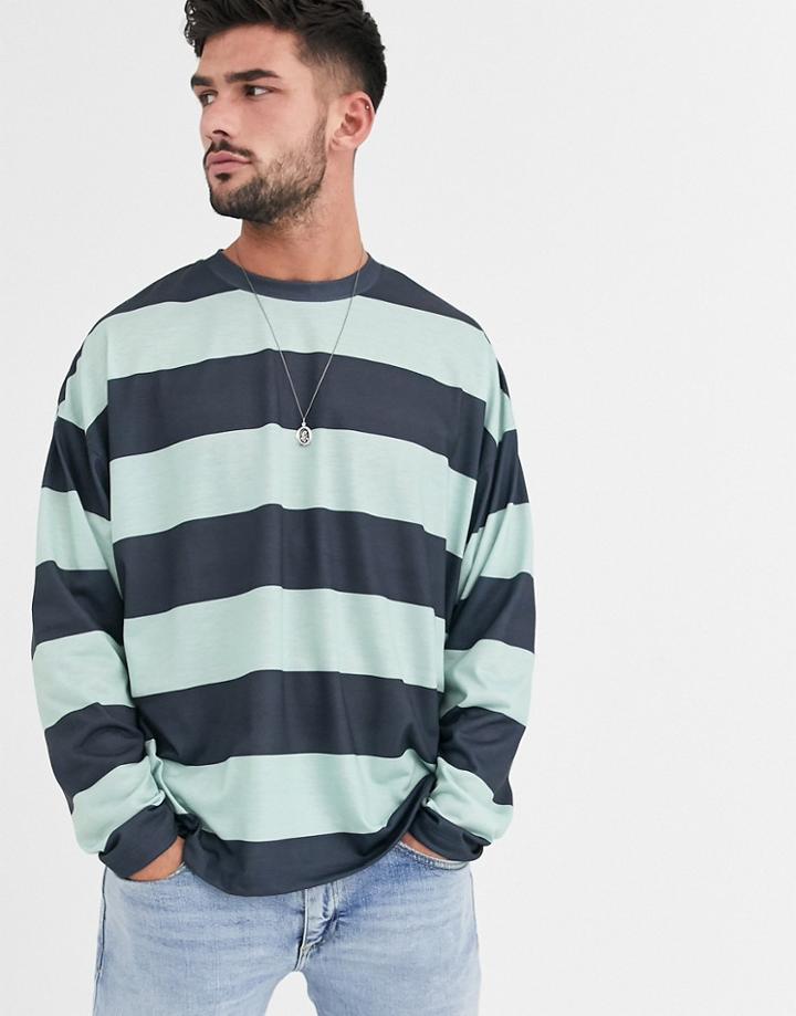 Asos Design Oversized Long Sleeve Wide Stripe T-shirt In Navy And Green-multi