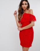 Naanaa Lace Bodycon Dress With Frill Overlay - Red