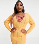 Public Desire Curve Lace Up Body-conscious Mini Dress With Contrast Stitch In Orange