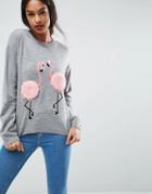 Asos Sweater With Flamingos And Pom Poms - Gray