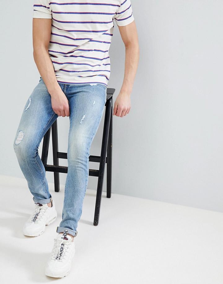 Asos Design Super Skinny Jeans In Mid Wash Vintage Blue With Abrasions - Blue