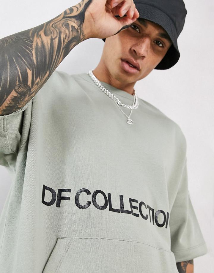 Asos Dark Future Oversized Short Sleeved Sweatshirt With Printed Logo In Forest Fog-grey