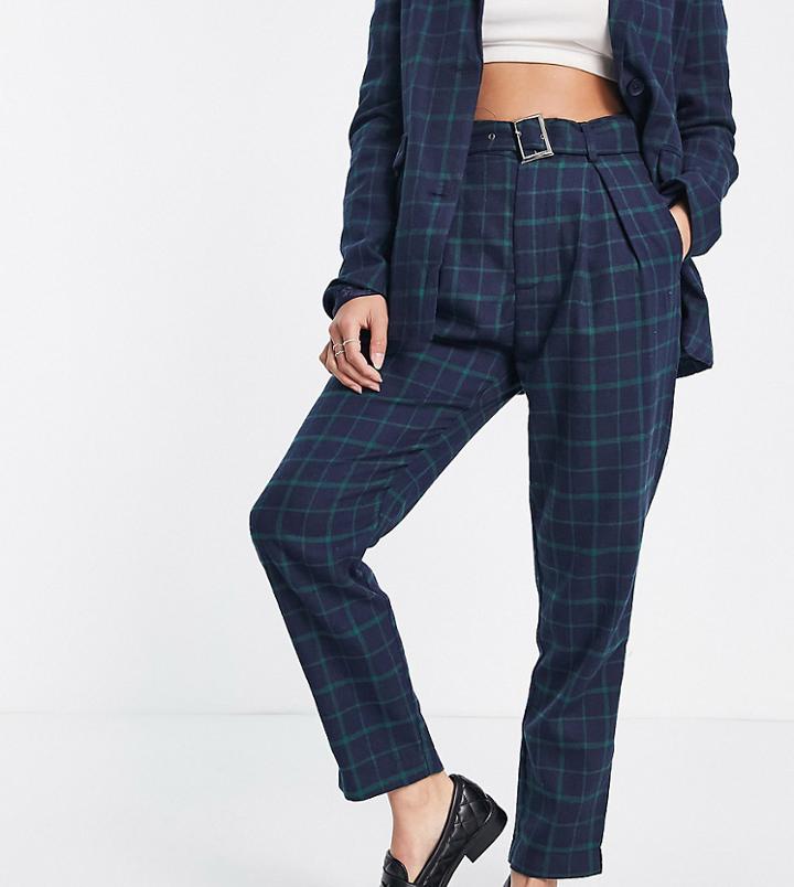 Heartbreak Petite Belted Tailored Pants In Navy And Green Check