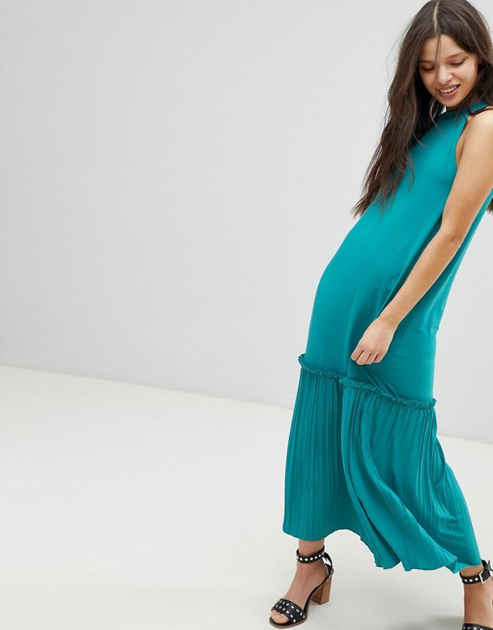 Asos High Neck Maxi Sundress With Pleated Hem - Blue