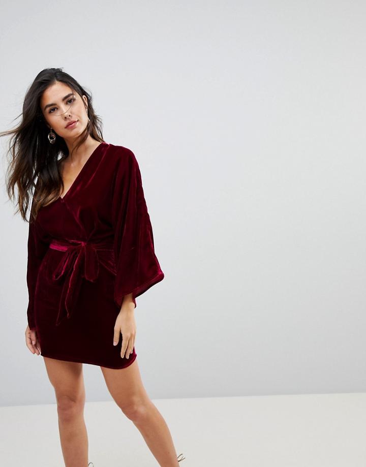 Asos Velvet Plunge Kimono Super Mini Dress With Tie Waist - Multi