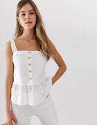 Parisian Button Down Cami Top With Peplum Hem In Broderie - White