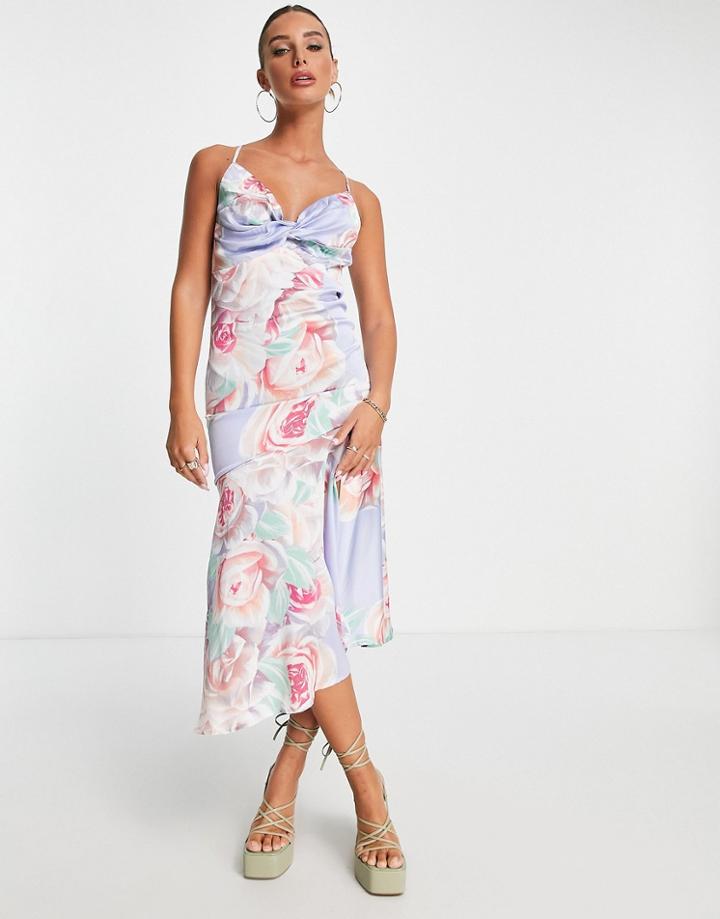 Liquorish Bridesmaid Satin Twist Front Midaxi Dress With Panel In Placement Floral-multi