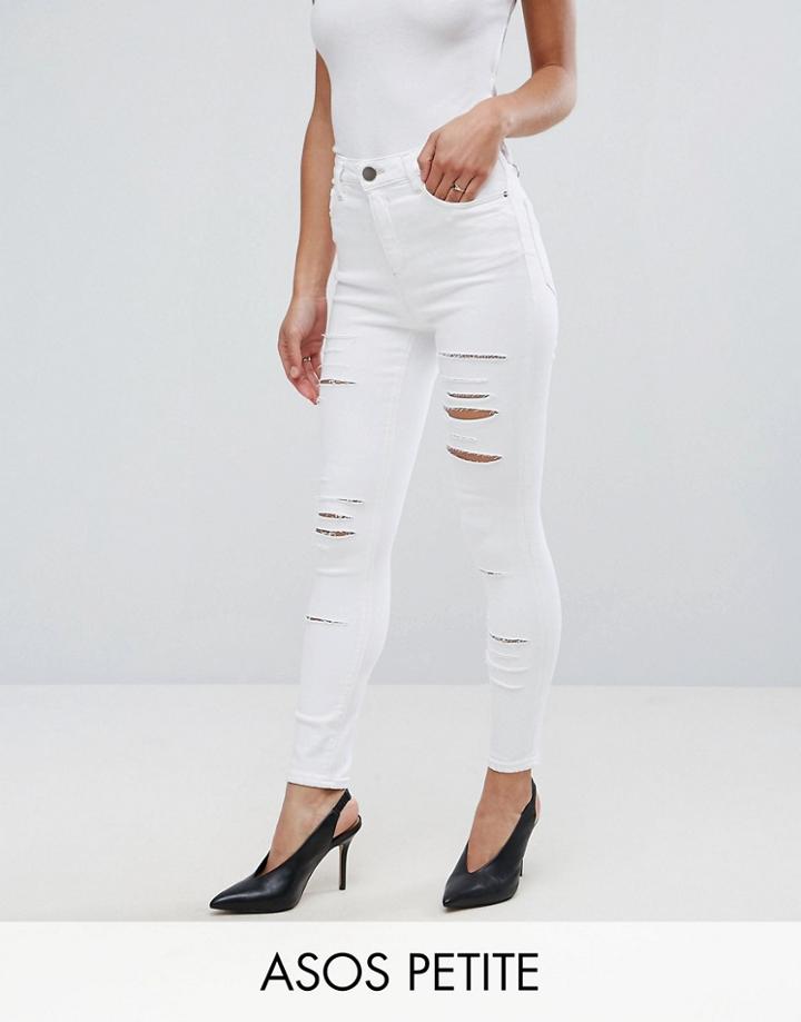Asos Petite Ridley High Waist Skinny Jeans In Optic White With Shredded Rips - White