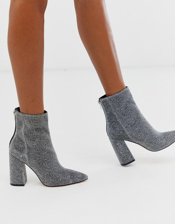 London Rebel Pointed Block Heeled Boot In Silver-black