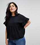 Asos Curve Smock Top With Ruffle Sleeve - Black