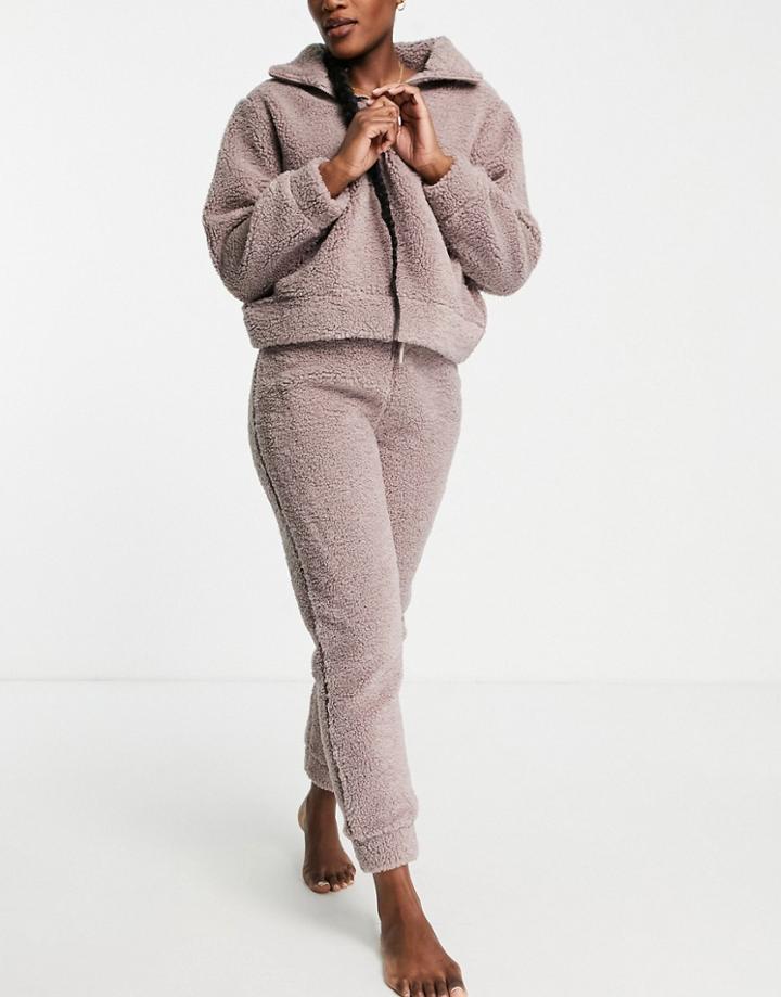 Asos Design Lounge Brushed Sherpa Funnel Neck Zip Up Sweatshirt & Sweatpants Set In Mink-multi