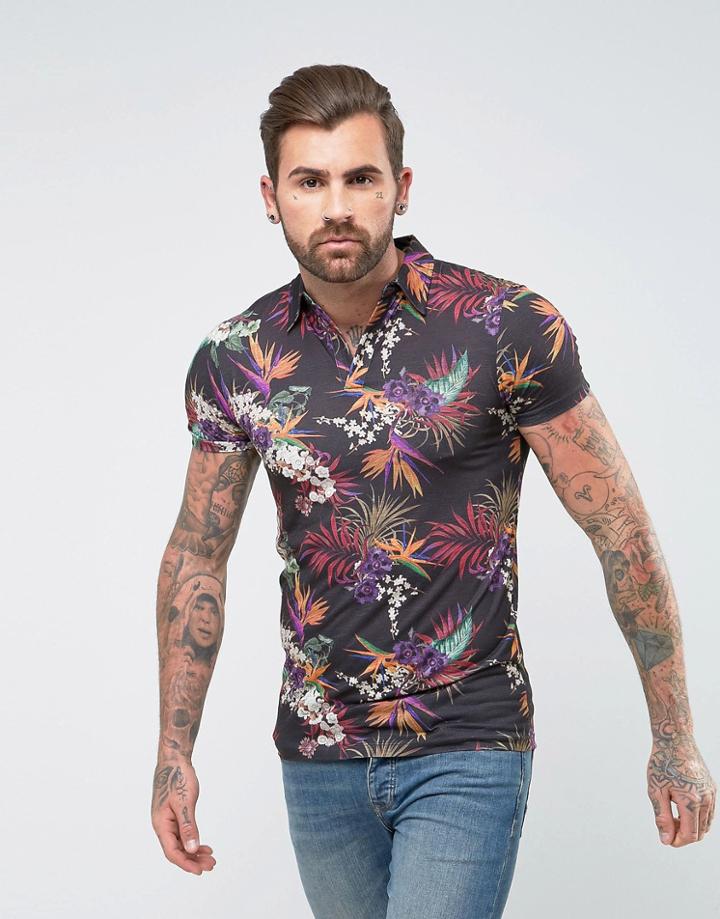 Asos Muscle Polo With Revere Collar And All Over Floral Print With Slub - Black