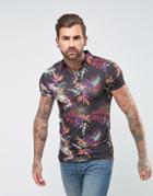 Asos Muscle Polo With Revere Collar And All Over Floral Print With Slub - Black