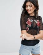 Parisian Mesh Top With Embroidered Flowers - Black