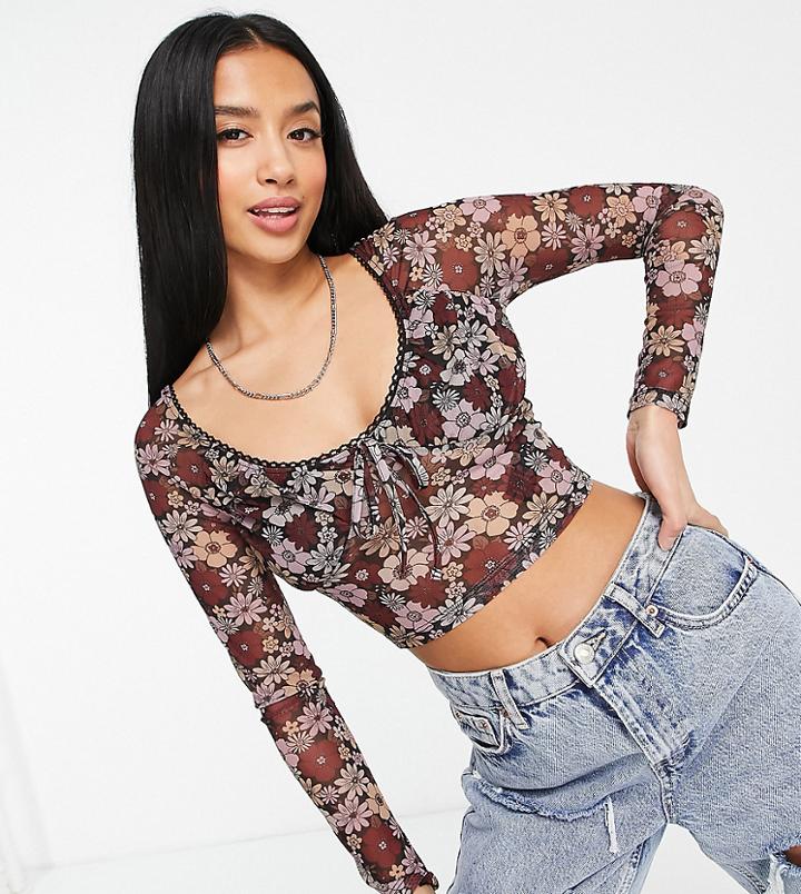 Topshop Petite Picot Trim Floral Top In Multi