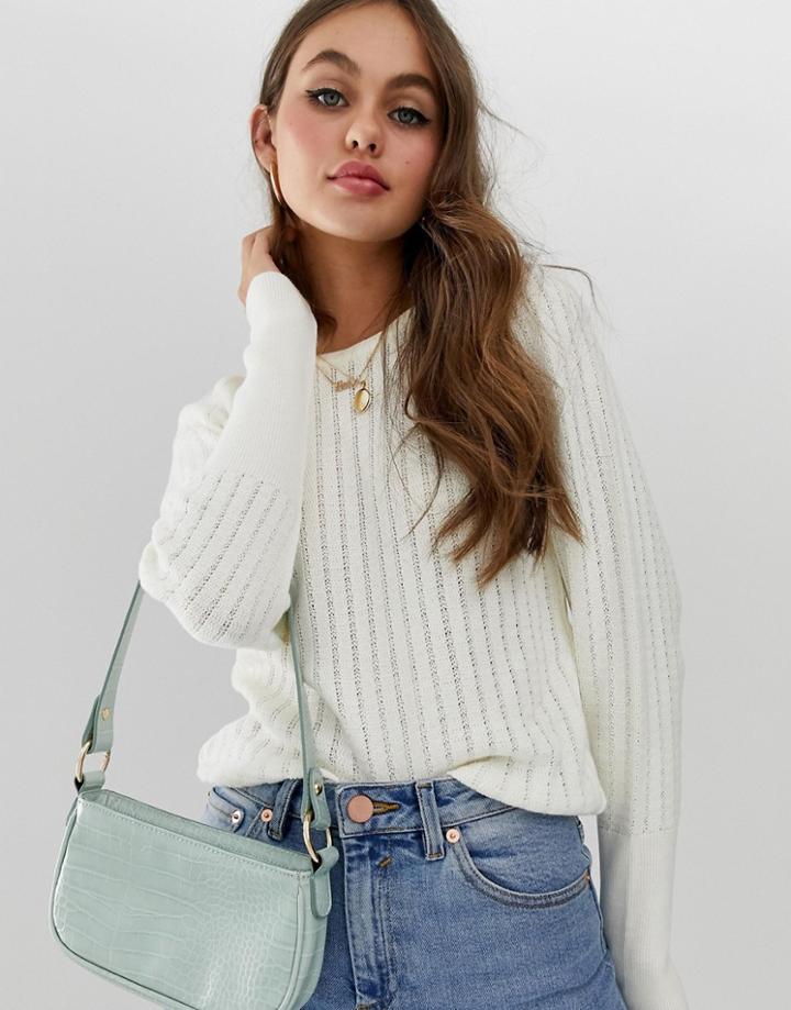 Asos Design Stitch Detail Sweater With Puff Sleeve-cream